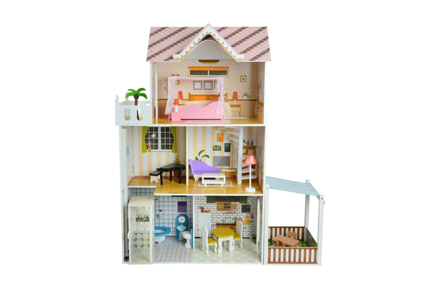 Дерев'яний ляльковий будиночок для Барбі FunFit Kids 3045 + тераса + 2 ляльки - NaVolyni.com