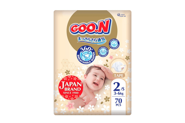Підгузки GOO.N Premium Soft для дітей 3-6 кг (розмір 2(S), на липучках, унісекс, 70 шт) - NaVolyni.com