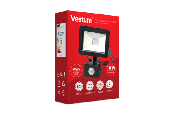 Світлодіодний прожектор с датчиком руху Vestum 10W 1 000Лм 6500K 175-250V IP65 1-VS-3009 - NaVolyni.com