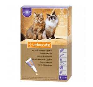 Advocate капли на холку против паразитов для кошек от 4 до 8 кг  Артикул:  50113  Пипетки :   3 пипетки