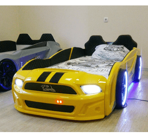 Ліжко машина Мустанг жовта з підсвічуванням, дверима, що відкриваються, і шкіряними сидіннями