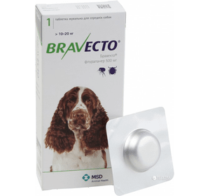 Жевательная таблетка Бравекто от блох и клещей для собак 10 - 20 кг