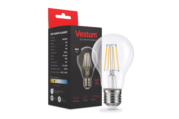 Світлодіодна філаментна лампа Vestum А60 Е27 7,5Вт 220V 3000К 1-VS-2106 - NaVolyni.com