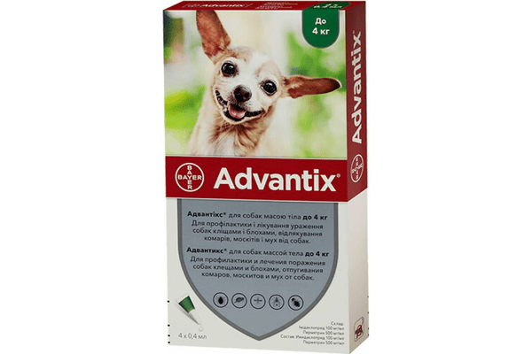 Капли от блох и клещей Bayer Advantix для собак весом до 4 кг, цена за 1 пипетку - NaVolyni.com